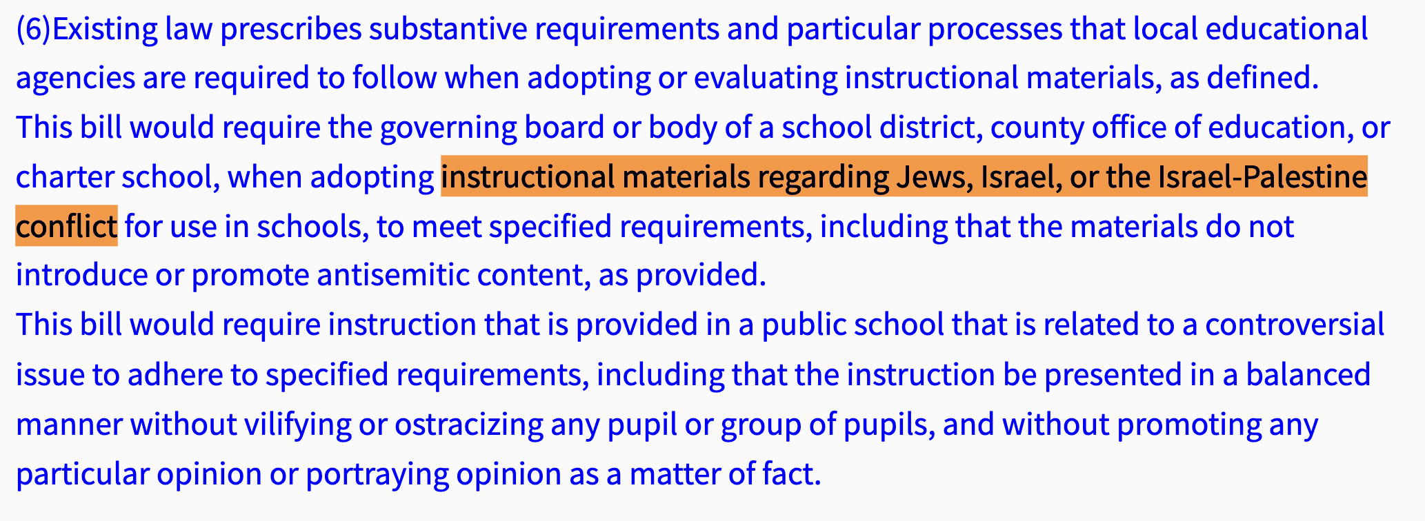 A screen capture of blue text on a grey background with the line "instructional materials regarding Jews, Israel, or the Israel-Palestine conflict" highlighted in orange.