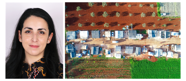 Left: Portrait of Kindah Ibrahim. She has dark hair, is wearing pearl earrings and a collared shirt, and is smiling. Right: Aerial image with a road, makeshift housing, and farmland.