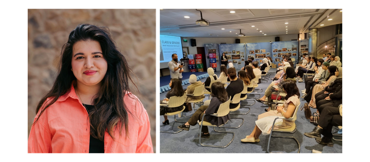 A two-image collage. On the left, a portrait of a woman with long, dark hair in a coral shirt and matching lipstick. On the right, people sit rows in a classroom, looking at a presentation.