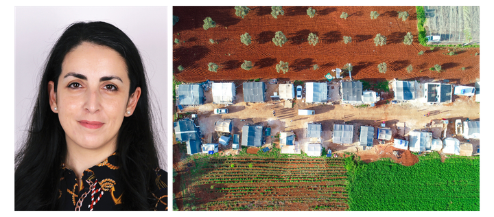 Left: Portrait of Kindah Ibrahim. She has dark hair, is wearing pearl earrings and a collared shirt, and is smiling. Right: Aerial image with a road, makeshift housing, and farmland.