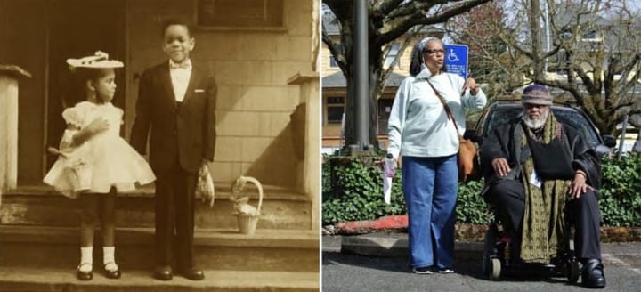 Collage: On the left, sepia-tone photo of two young Black kids in dress attire on the front steps of a home. On the right, two Black adults in a parking lot. One uses a wheelchair.
